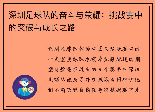深圳足球队的奋斗与荣耀：挑战赛中的突破与成长之路